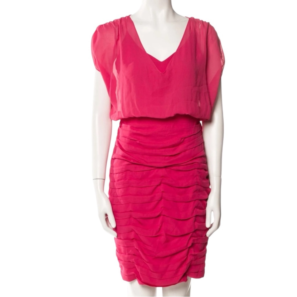 ALICE + OLIVIA 100% Silk Strawberry Pink Ruched Cocktail Mini Dress Size M - Picture 2 of 11